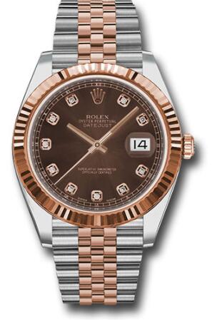 Replica Rolex Steel and Everose Rolesor Datejust 41 Watch 126331 Fluted Bezel Chocolate Diamond Dial Jubilee Bracelet